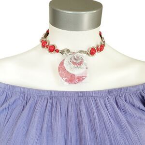 Zevar by TRESKA red beaded medallion boho tribal choker statement necklace NEW